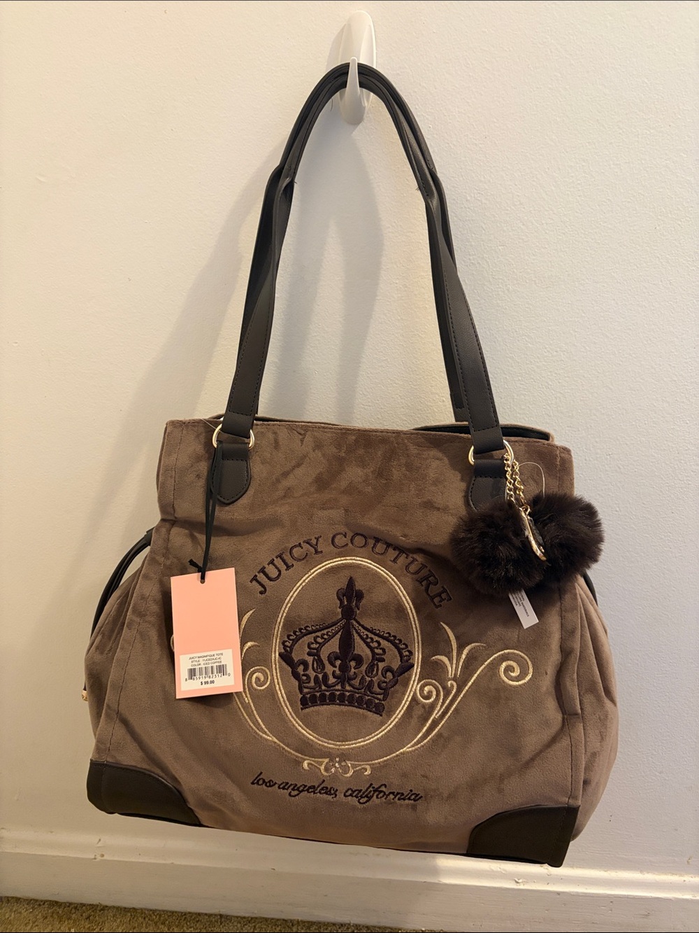 Juicy Couture Taupe Suede Tote with Dark Brown Trim & Pom Charm